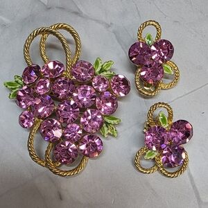 Vintage Pink Rhinestone Grape Brooch & Clip Earring Set